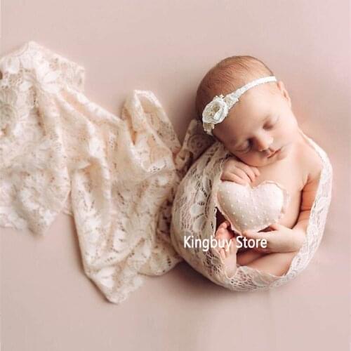 3PCS/set Baby Photography Props Stretch Lace Knitted Blanket Hat and Heart Doll Newborn Wrap Photo Prop Shoot Studio Accessories