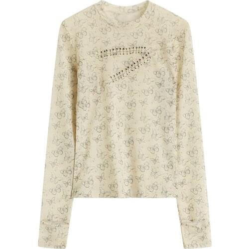 Printed Slim Pin Long Sleeve Top Womens Spring Design Fashion All-Match Short Trend Tops Femme Body Tight Fall Clothes