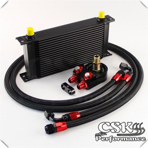 Universal 19 Row 248mm AN8 Engine Transmission Oil Cooler British Type + Aluminum Filter Adapter Kit Black/Blue