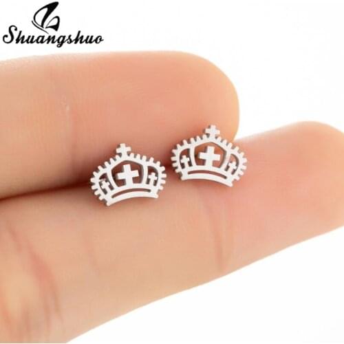 Shuangshuo vintage Geometric Earrings Stainless Steel Sweet Crown CZ Stud Earring for Women Girls Wedding Jewelry Gift Bijoux