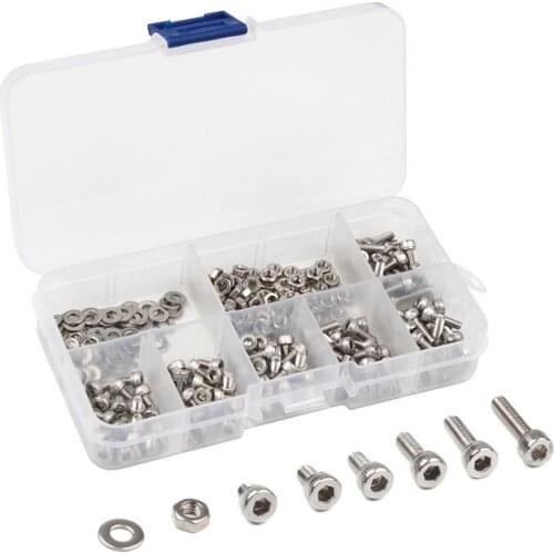 250Pcs/Set M3 304 Stainless Steel Hexagon Socket Head Cap Screws Nuts Bicycle Hex Bolts Flat Washers Assortment Kit