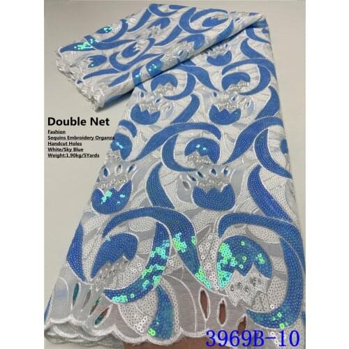 XIYA White and Sky Blue African Handcut Lace Organza Fabric Shinny Nigerian Party Clothes With Lots Of Sequins Hot Sale 3969B
