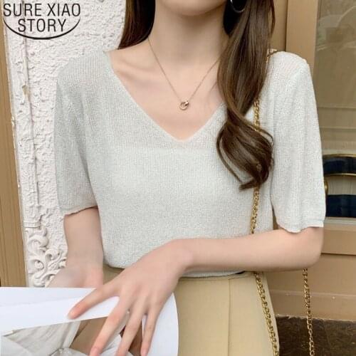 2021 Summer V-neck Silk Tshirt Ice Silk Short-sleeved Knitwear Shirt Loose Temperament Bottom Thin Tops Fashion Woman 14328