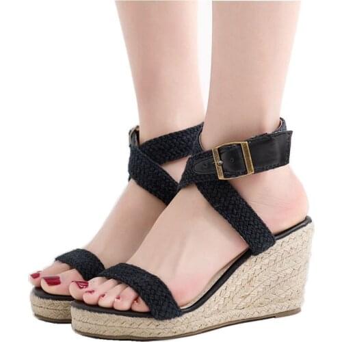 Women sandals wedding Party banquet Flock Buckle Strap 8CM Wedges High Heels Round Toe zapatos de mujer women shoes size 35-42
