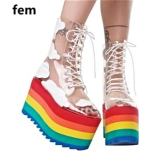 Botas Transparentes Summer Rainbow Ankle Boots Fashion Cross Tied High Boots Women Flats Platform Plus Size Round Toe Heeled Boo