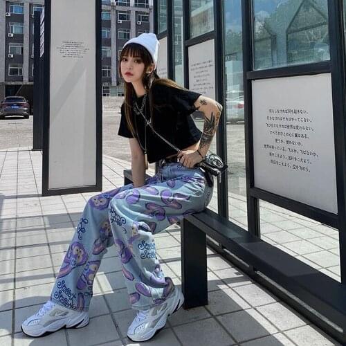 Fashion Long Wide Leg Jeans Pants Female Trousers Cute Printed Casual High Waist Loose Women Denim Jeans Streetwear for Ladies