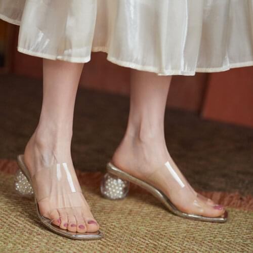 Rimocy Transparent Pvc Pearl High Heels Slippers Women Square Toe Summer Jelly Shoes Woman Fashion Strap Party Slides Ladies