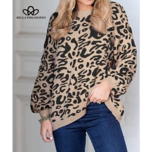 Heydress Women Autumn Leopard Knitted Sweaters Vintage Animal Print Female Pullover Casual Long Sleeve Lady Tops Outwear