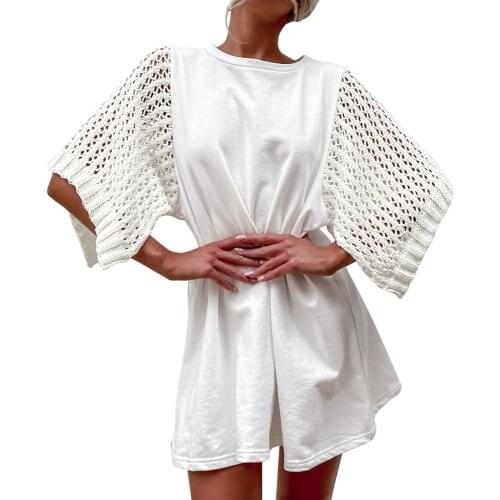 Women Fashion Cloak Sleeve Sleeve Mini Dress Loose Solid Crew Neck Summer Three Quarter Lady Dress New 2021 Female Vestidos D30