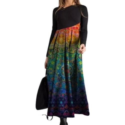 Fashion Women Dresses Autumn Winter Long Sleeve Digital Print Patchwork Large Hem Maxi Dress Womens Clothing платья для женщин