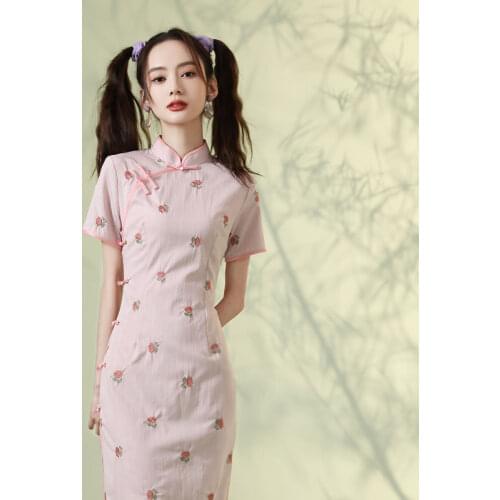 Old Shanghai Cheongsam Cotton Linen Women Qipao Elegant 2021 Vintage Dress Young Retro Pink Girly Dress Republic of China Dress