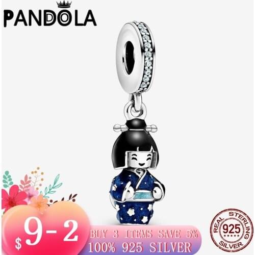925 Sterling Silver Sweet Japanese Doll in Blue Kimono Dangle Beads Fit Original Pandora Bracelets DIY Jewelry Making For Women