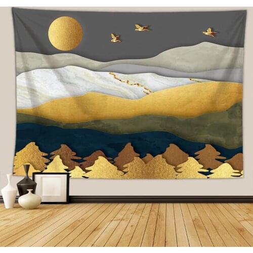 Golden Forest and Mountain Bohemia Tapestry for Livingroom Photography Wall Decor
