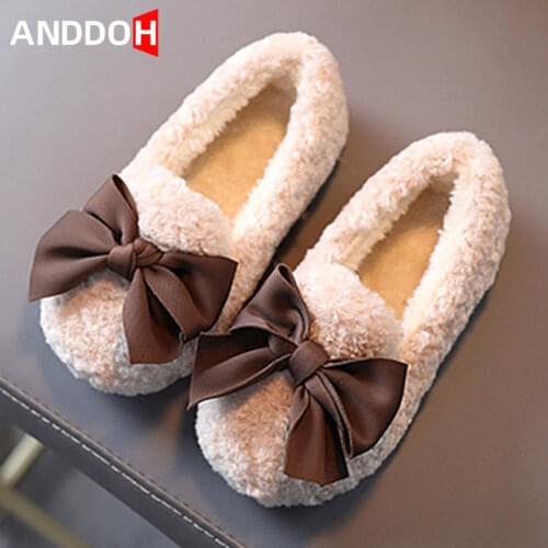 Size 21-30 Baby Plus Cotton Casual Shoes Kids Girls Princess Bowknot Fashion Shoes Children Winter Warm Thickened Fleece Shoes
