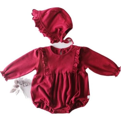 Toddler Playwear One Hat Set Suit Newborn Girl Outfits Clothes Long Sleeve Cotton Jumpsuit Infant Cute Pure Ruffle Bodysuits