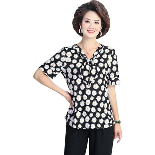 Daisy Printed Middle Age Women T-shirts Short Sleeve Thin Bow Tops 2021 Summer New Plus Size 5XL Middle Age Mother Camiseta
