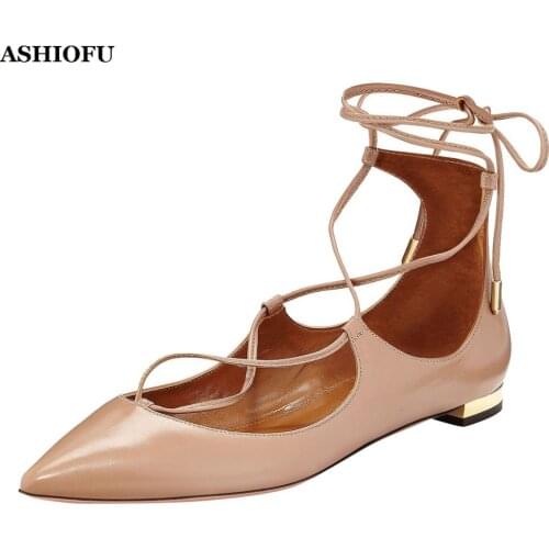 ASHIOFU Handmade Classic Ladies Flat Shoes Faux-leather Cross Shoelace Party Prom Boat Ballets Shoes Daily Wear Fashion Flats