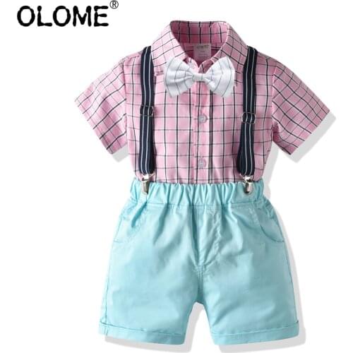 OLOME New Kids Clothing Sets Formal Boys Pants 2Pcs Children Garment Summer Shirts+Suspenders for Kid Boys Shirt with Bow Tie