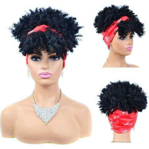 Drawstring Short Synthetic Afro Kinky Curly Headband Wigs With Bangs Afro Puff Scarf wig For Black Women