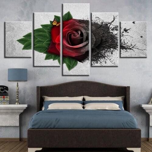 Modular Canvas Art 5 Pieces Red Garden Roses Flowers Painting HD Printed Butterfly Poster Living Room Home Decor framework