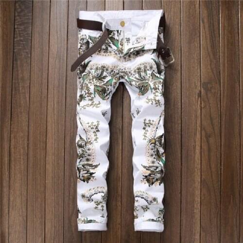 New Fashion Brand Designed High quality elasticity white jeans men Flower pattern Denim pants High street style men jeans 581