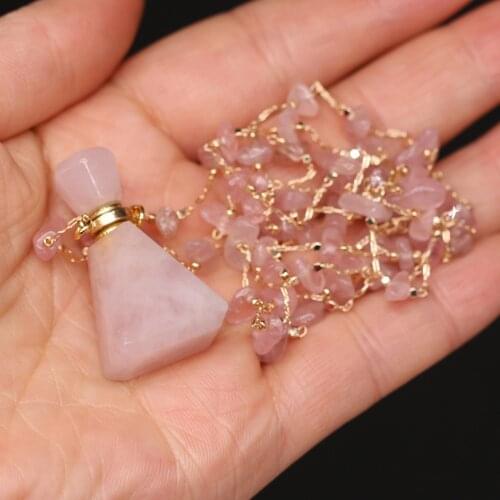 Natural Multi-Kind Stone Rose Pink Quartz Bead Chains Necklace Perfume Bottle Pendant Necklaces Exquisite Jewelry Gift for Girl