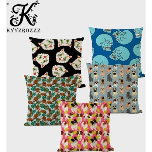 Skull Sofa Cushion Cover Home Decoration Cute Puppy Bird Linen Square Sofa Bed Car Print Pillowcase Linen Capa De Almofada