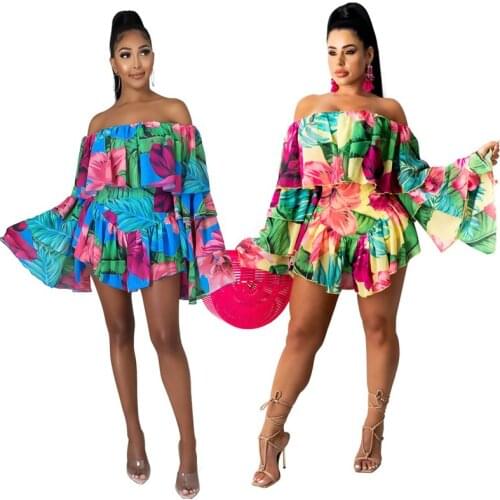 Strapless Long Sleeve Flower Print Skinny Jumpsuits Sexy Tight Club Party Lady Fashion Bodysuits