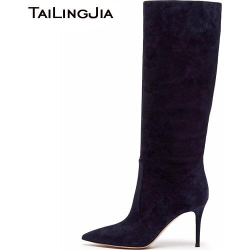 High Heel Brown Knee High Boots 2020 Woman Slouch Tall Boots Grey Pointed Toe Boot Slip On Winter Shoes Blue Faux Suede Footwear