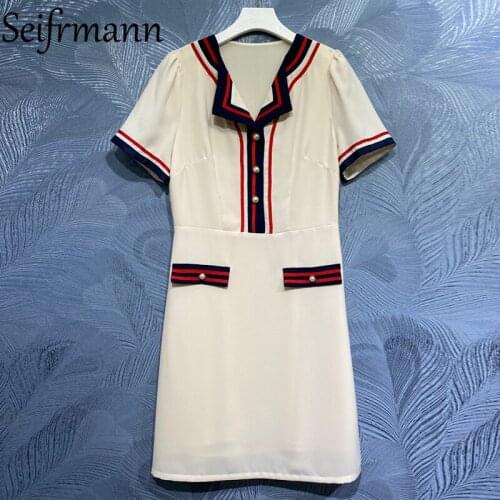 Seifrmann New 2021 Summer Women Fashion Designer Party Midi Dress Short Sleeve Single Breasted Fake Pocket Elegant A-Line Dress