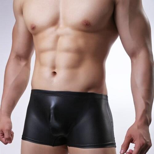 Sexy Gay Underwear Men Boxer Shorts Black Faux Leather Panties Man Low Waist U Convex Pouch Underpants Cueca calzoncillos M-XL