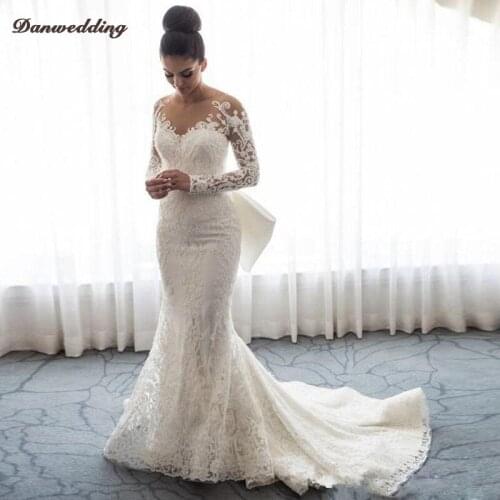 Gorgeous Lace Applique Mermaid Wedding Dresses Long Sleeve Scalloped-Neck Court Train Bridal Dress Covered Button Satin Bow