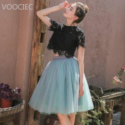 VOOCIEC 5 Layers 60cm Princess Midi Tulle Skirt Pleated Dance Tutu Skirts Womens Lolita Petticoat Jupe Saia faldas Party Skirts
