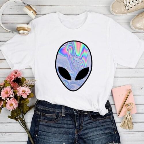 T-shirts Women Alien Face Casual Printing Cartoon Fashion Short Sleeve Tshirt Top Lady Stylish Girl Print Clothes Tee T-Shirt