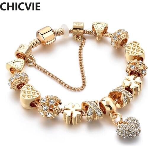 CHICVIE Crystal Heart Gold Cuff Bracelet & Bangles For Women Charm Bracelets Designs Trendy Jewelry Handmade Bracelet SBR190043