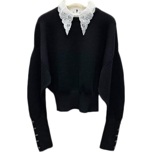 2020 Fall/winter New Style Detachable Embroidery Doll Collar Long Sleeve Black Knit Sweater Top Women Sweater