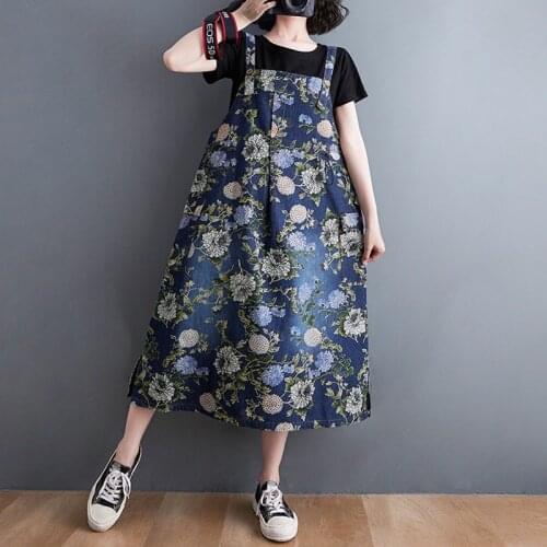 Women Summer Casual Denim Dress New Arrival 2021 Street Style Floral Print Loose Female Spaghetti Strap Long Dresses B312