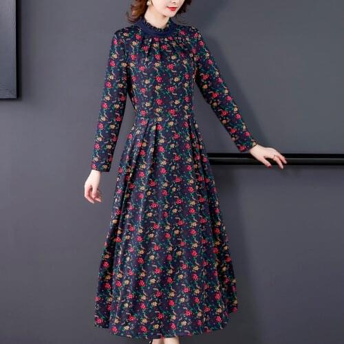 Special sale temperament knitted printed dress autumn new style stand collar long sleeve high waist loose floral dress women