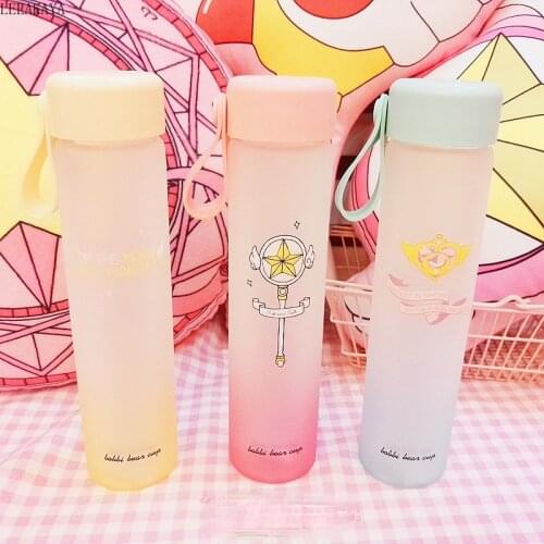 1pcs Card Captor Sakura Glass Colorful Cup Action Figure Sailor Moon Three Colors Hand Bottle with Plastic cover toys New 450ml