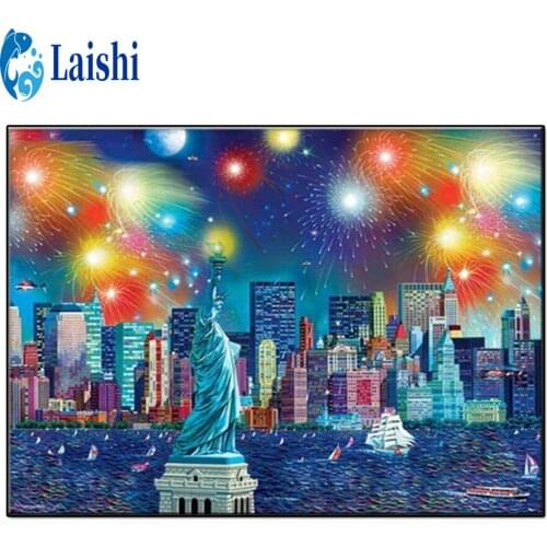 5D Diamond Painting Creative urban art, fireworks, Statue of Liberty Full Square round Diamond Embroidery Mosaic Home Decor