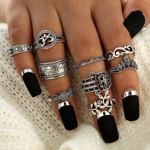 9PCS/SET Vintage Tibet Lucky Antique Silver Color Flower Knuckle Midi Ring Set For Women Punk Boho Rings Jewelry