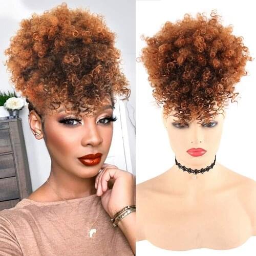 Afro Puff Hairpiece Hair Afro Drawstring Ponytail With Bangs Synthetic for Hair extension Short Kinkly Curled Womens Fake Hair