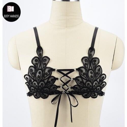 Harajuku Cage Bikini Sexy Lace Bra Bondage Harness Fetish Rave Wear Black Lace Harness Bra Adjustable Elastic Gothic Cage Bra