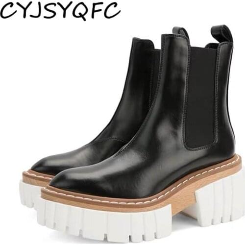 CYJSYQFC Top Quality Genuine Leather Martin Boots For Women Autumn Winter Round Toe Flat Platform Ankle Boots Thick Bottom Shoes