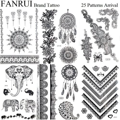 Black Henna Mandala Dreamcatcher Temporary Tattoo Body Arm Art Bracelet Water Transfer Tattoo Legs Fake Chains Tatoos Stickers