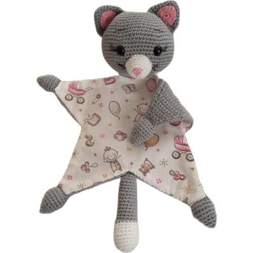Amigurimi Baby Sleeping Friend Cute Cat First Toy Handmade Crochet Knit Healthy Fabric Filled