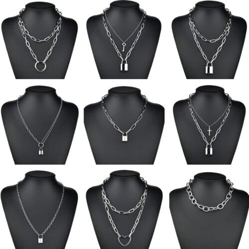 Double layer Heart Round Lock Chain necklace punk Sweater Long chain neck pendant necklace women fashion gothic jewelry