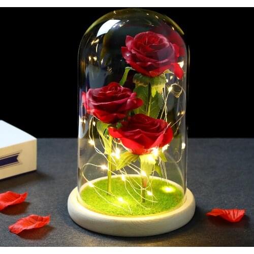 Artificial Eternal Rose Beauty And Beast Rose In Glass Cover LED Night Light For Home Decor Mother Valentines Day New Yea Gift