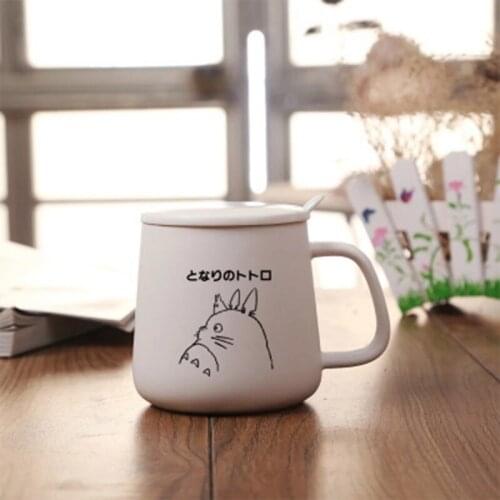 401-500ml Microwavable Totoro Cute Black White Kawaii Ins Ceramic Cup Student Korean Style Mug with Lid and Spoon Coffee Cup