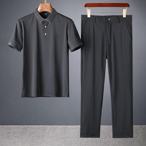 Summer light luxury Pressure Plastic Lapel two piece set mens silk slide ultra thin elastic mens leisure sports two piece set